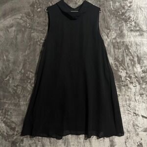 Chic Sleeveless‎ Collared Sheer Overlay Dress Black Midi Formal Work Casual